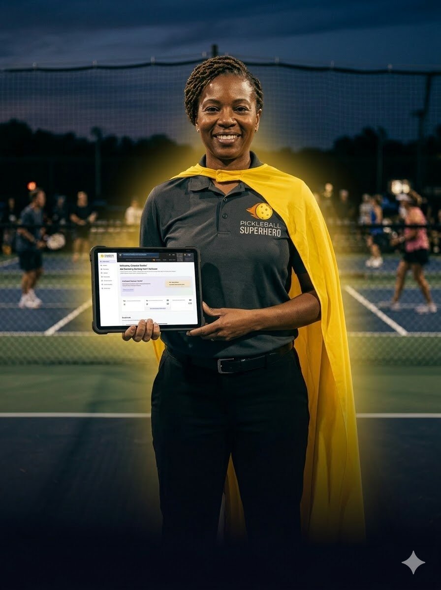 Tournament director with Pickleball Superhero cape on the courts
